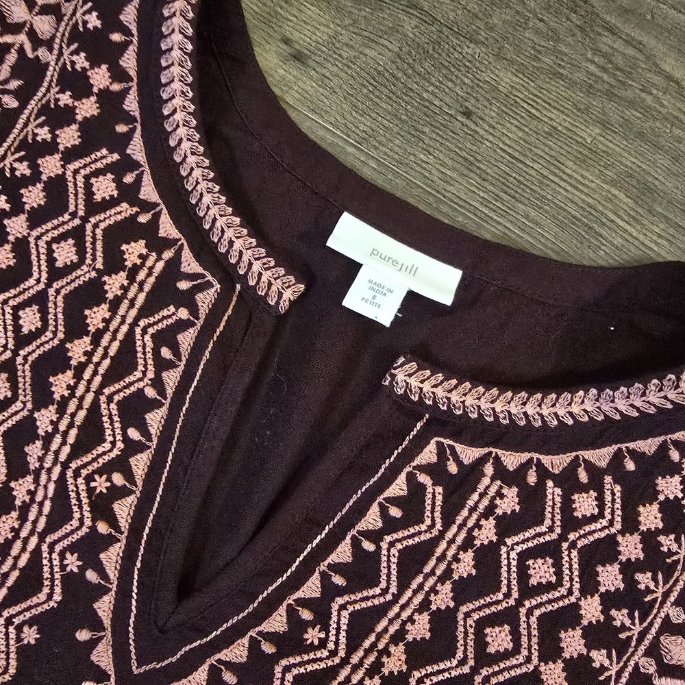 Pure Jill Shirt Womens Small‎ Petite Burgundy Embroidered Boho Tunic 3/4 Sleeve